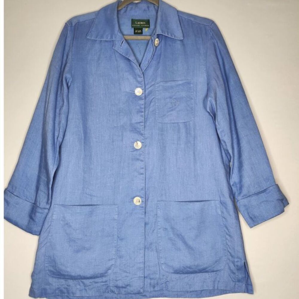 Lauren Ralph Lauren Womens Linen Blazer Smock Coat Light Blue Pockets button up